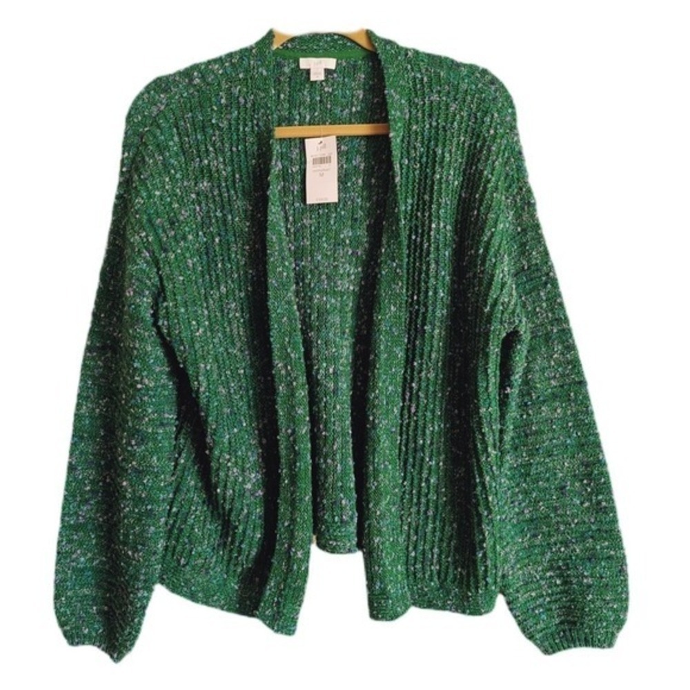 J.Jill Cottagecorer Green & Purple Speck Knitted Bubble Sleeve Cardigan